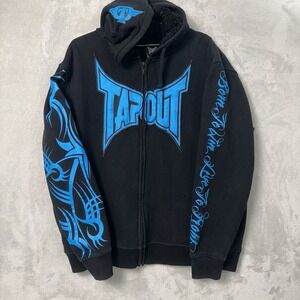 Tapout Sherpa Lined Full Zip Hoodie Black Blue 2000's Vintage MMA Y2K Skate
